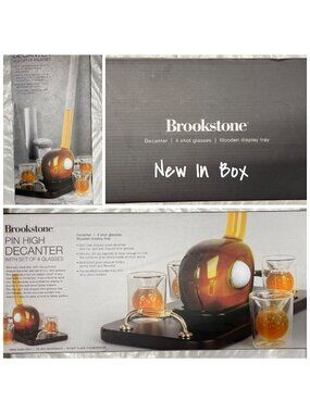 Brookstone Pin High Decanter Set with 4 Shot Glasses & Wooden Tray - New in Box